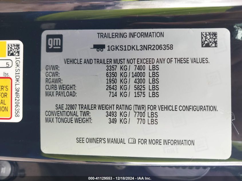 2022 GMC Yukon 2Wd Denali VIN: 1GKS1DKL3NR206358 Lot: 41129553