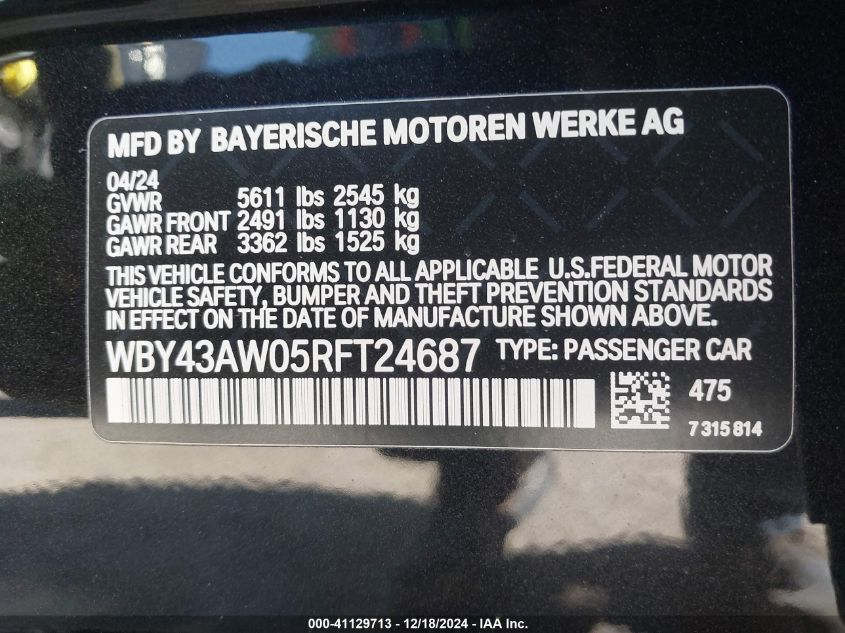 2024 BMW I4 Edrive35 VIN: WBY43AW05RFT24687 Lot: 41129713