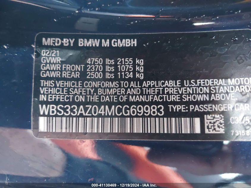 2021 BMW M4 Competition VIN: WBS33AZ04MCG69983 Lot: 41130469