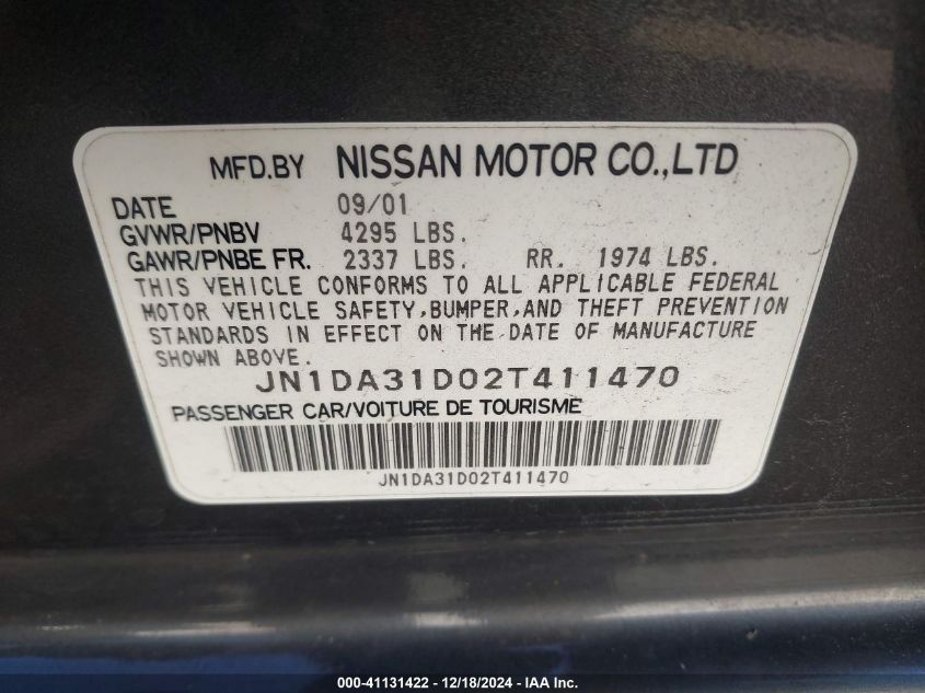 2002 Nissan Maxima Gle VIN: JN1DA31D02T411470 Lot: 41131422