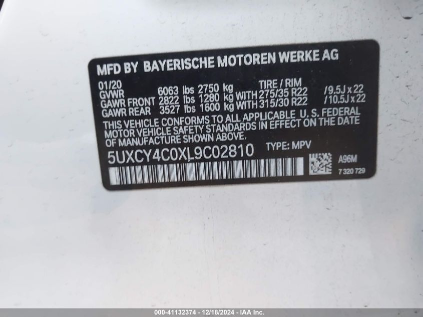 2020 BMW X6 Sdrive40I VIN: 5UXCY4C0XL9C02810 Lot: 41132374