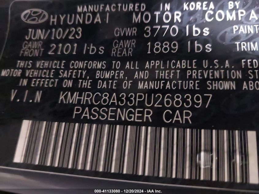 2023 Hyundai Venue Limited VIN: KMHRC8A33PU268397 Lot: 41133080