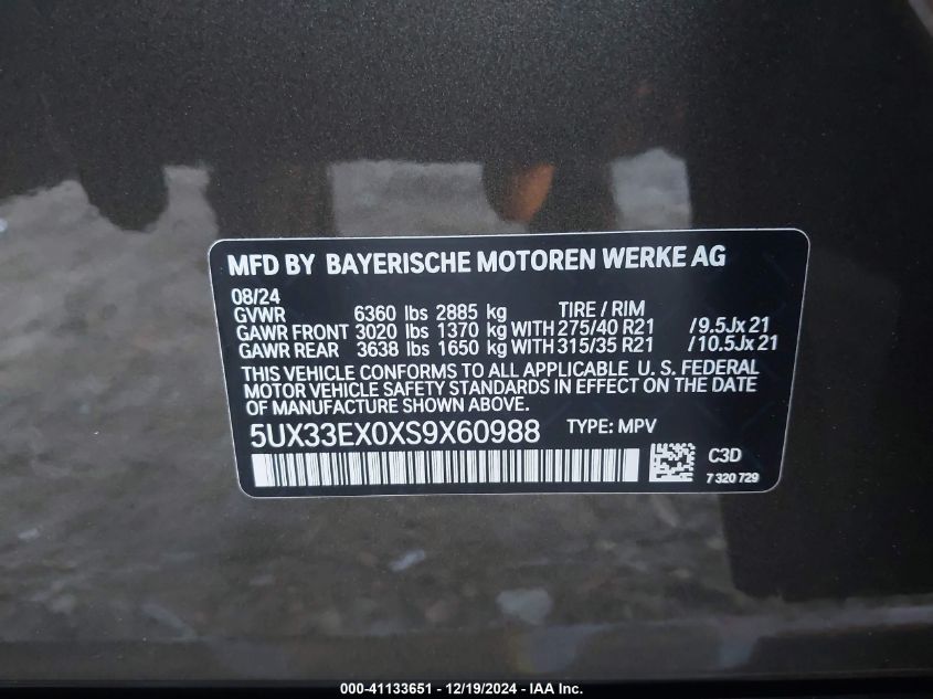 2025 BMW X6 xDrive40I VIN: 5UX33EX0XS9X60988 Lot: 41133651