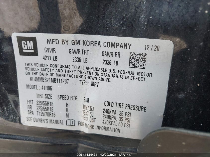 2021 Buick Encore Gx Fwd Preferred VIN: KL4MMBS21MB111287 Lot: 41134474