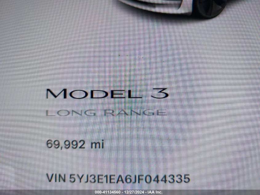 2018 Tesla Model 3 Long Range/Mid Range VIN: 5YJ3E1EA6JF044335 Lot: 41134560