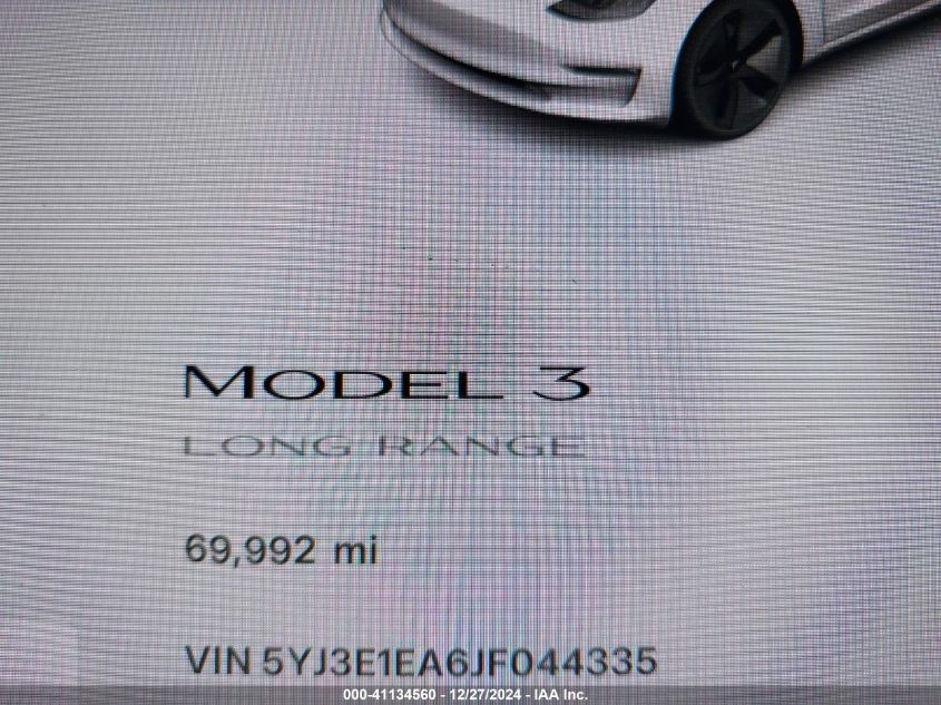 2018 Tesla Model 3 Long Range/Mid Range VIN: 5YJ3E1EA6JF044335 Lot: 41134560