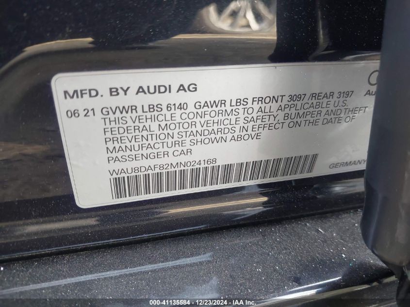 2021 Audi A8 L 55 Tfsi Quattro Tiptronic VIN: WAU8DAF82MN024168 Lot: 41135584