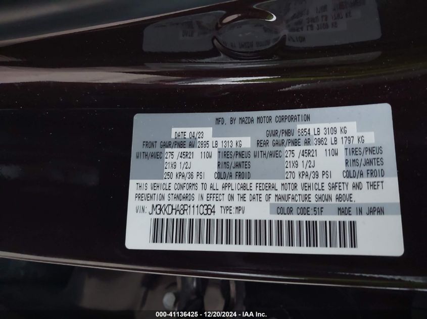 2024 Mazda Cx-90 Phev Premium VIN: JM3KKDHA8R1110364 Lot: 41136425