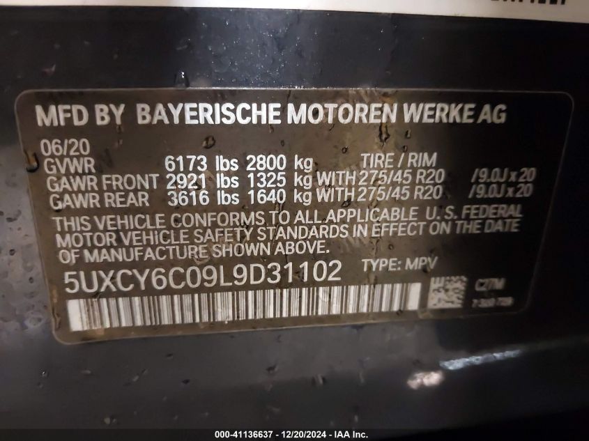 2020 BMW X6 xDrive40I VIN: 5UXCY6C09L9D31102 Lot: 41136637