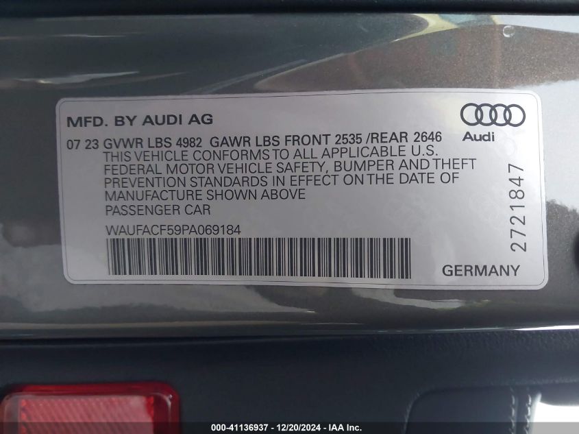 2023 Audi A5 Sportback Premium Plus 45 Tfsi S Line Quattro S Tronic VIN: WAUFACF59PA069184 Lot: 41136937