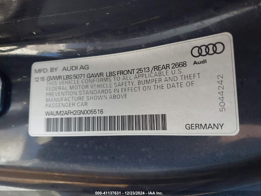 2016 Audi A5 2.0T Premium VIN: WAUM2AFH2GN005516 Lot: 41137631