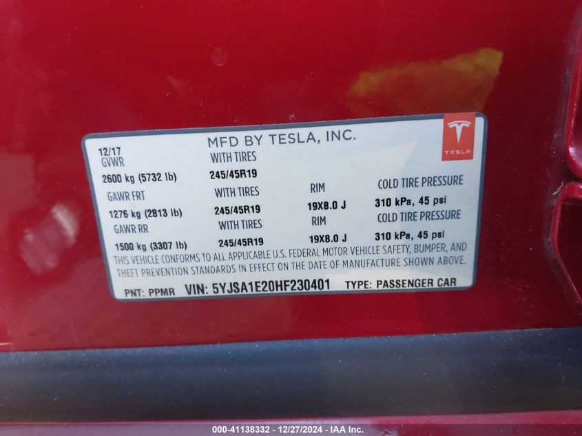 2017 Tesla Model S 100D/60D/75D/90D/P100D VIN: 5YJSA1E20HF230401 Lot: 41138332