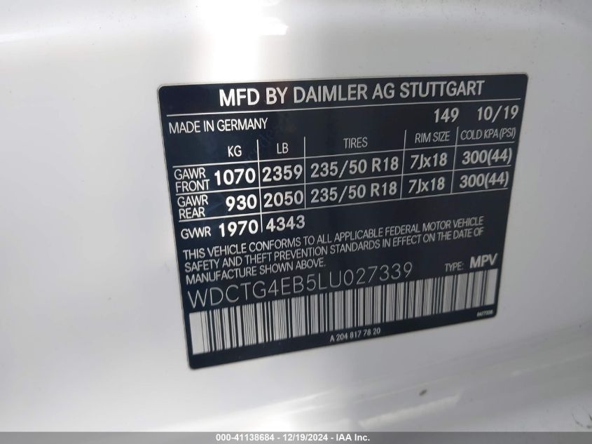 2020 Mercedes-Benz Gla 250 VIN: WDCTG4EB5LU027339 Lot: 41138684