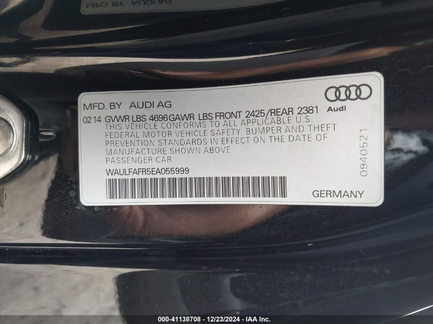 2014 Audi A5 2.0T Premium VIN: WAULFAFR5EA055999 Lot: 41138708