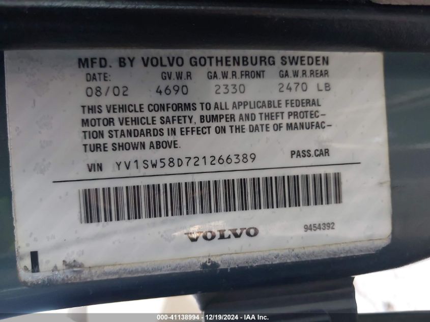 2002 Volvo V70 2.4T VIN: YV1SW58D721266389 Lot: 41138994