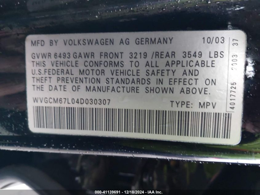 2004 Volkswagen Touareg V8 VIN: WVGCM67L04D030307 Lot: 41139691