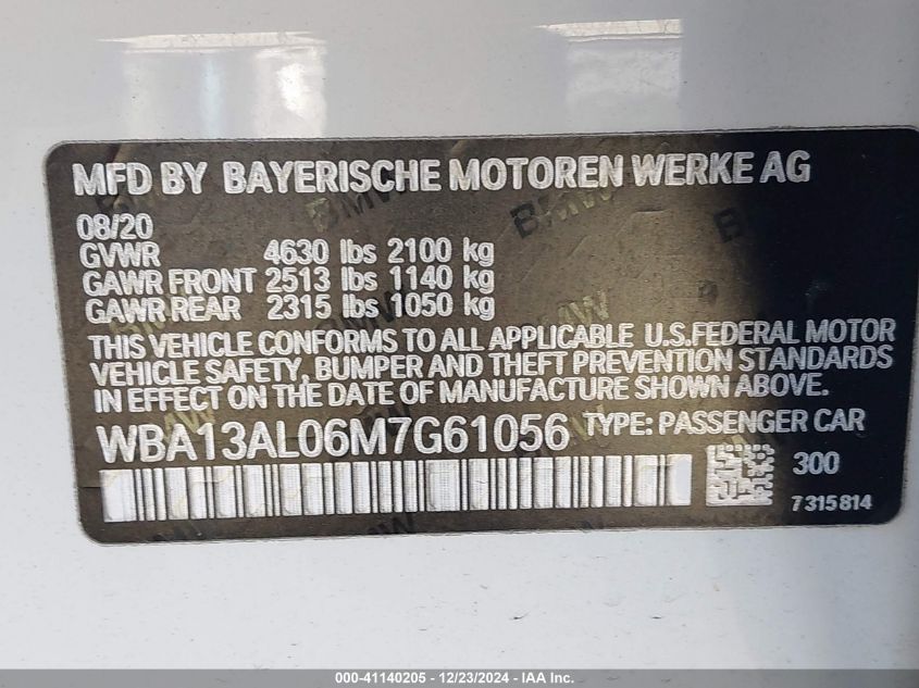 2021 BMW M235I Gran Coupe xDrive VIN: WBA13AL06M7G61056 Lot: 41140205