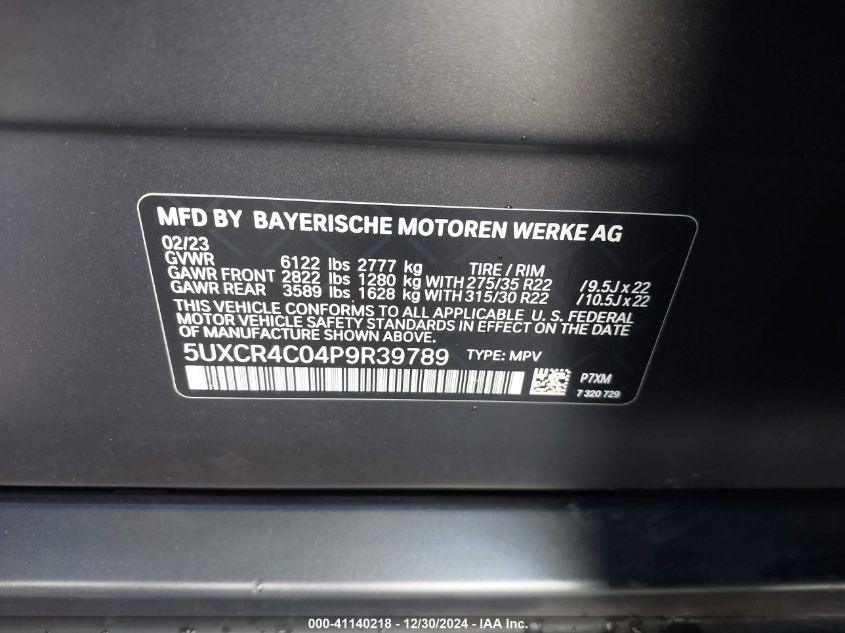 2023 BMW X5 Sdrive40I VIN: 5UXCR4C04P9R39789 Lot: 41140218