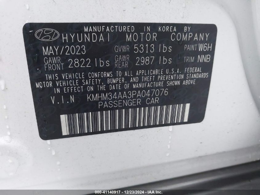 2023 Hyundai Ioniq 6 Sel VIN: KMHM34AA3PA047076 Lot: 41140917