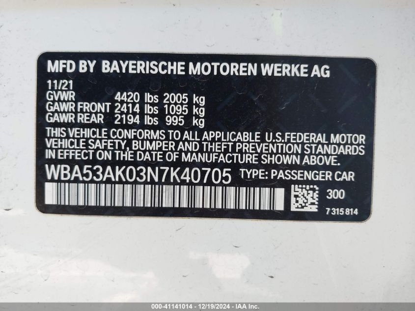 2022 BMW 228 Gran Coupe I Sdrive VIN: WBA53AK03N7K40705 Lot: 41141014