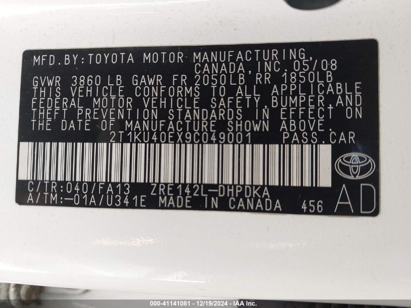 2009 Toyota Matrix VIN: 2T1KU40EX9C049001 Lot: 41141081