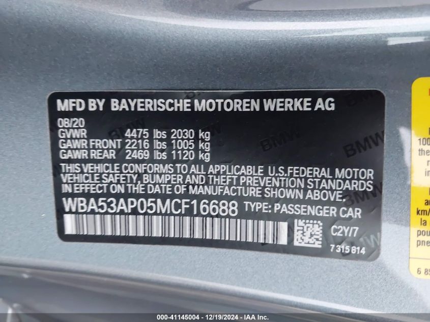 2021 BMW 430I VIN: WBA53AP05MCF16688 Lot: 41145004