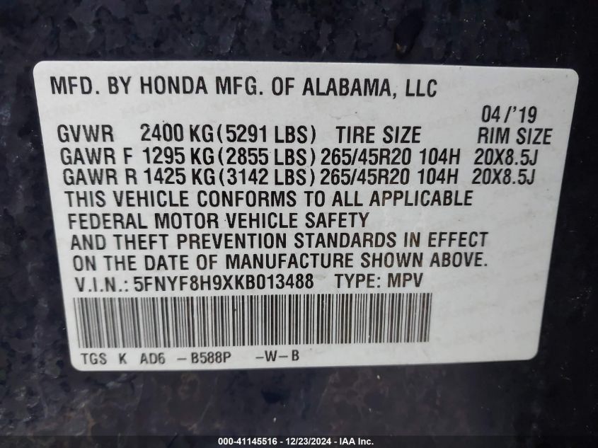 2019 Honda Passport Touring VIN: 5FNYF8H9XKB013488 Lot: 41145516