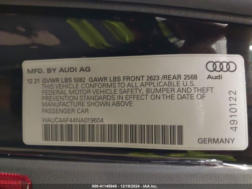 2022 Audi S4 Prestige Tfsi Quattro Tiptronic VIN: WAUC4AF44NA019604 Lot: 41145948