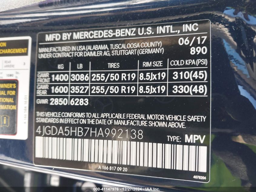 2017 Mercedes-Benz Gle 350 4Matic VIN: 4JGDA5HB7HA992138 Lot: 41147976