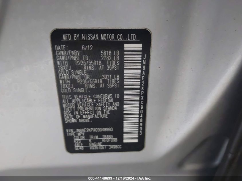 2012 Nissan Quest Sl VIN: JN8AE2KPXC9048993 Lot: 41148699