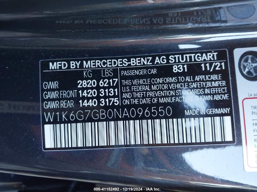 2022 Mercedes-Benz S 580 4Matic VIN: W1K6G7GB0NA096550 Lot: 41152492