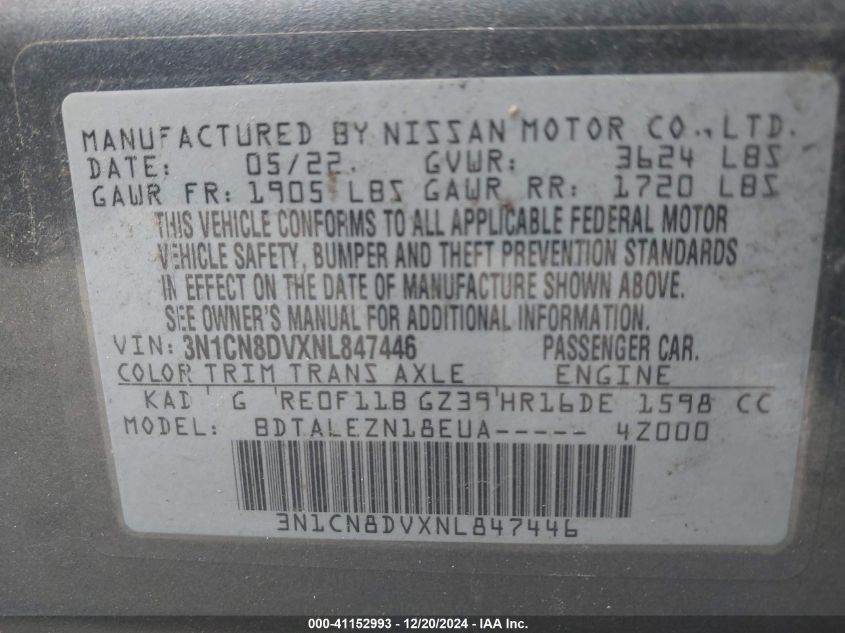 2022 Nissan Versa 1.6 S Xtronic Cvt VIN: 3N1CN8DVXNL847446 Lot: 41152993