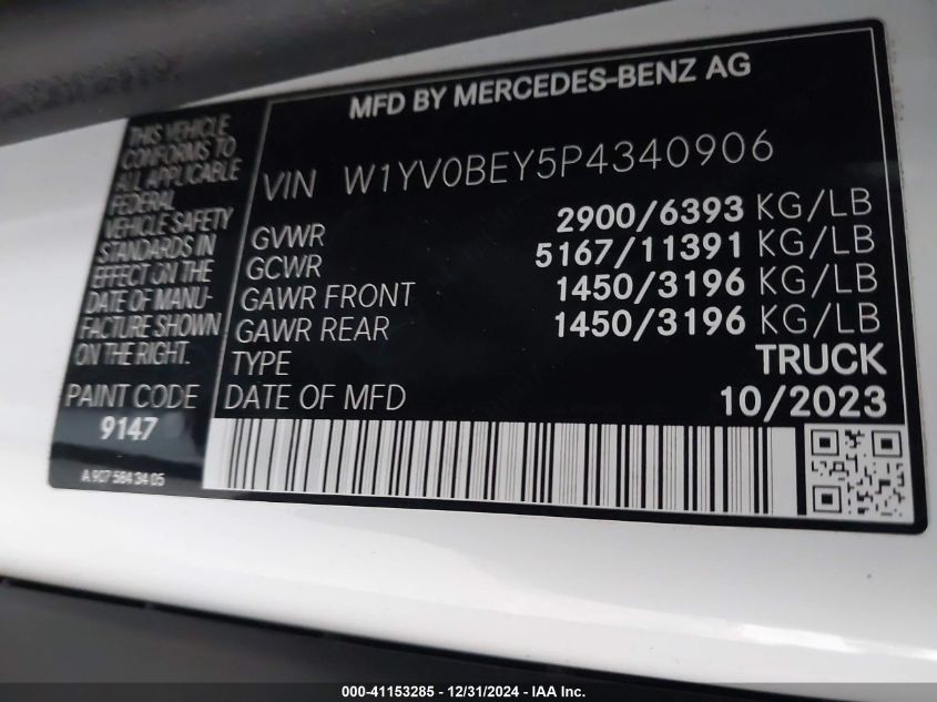 2023 Mercedes-Benz Metris VIN: W1YV0BEY5P4340906 Lot: 41153285