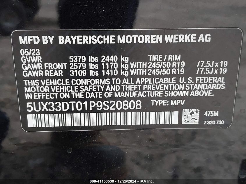 2023 BMW X4 xDrive30I VIN: 5UX33DT01P9S20808 Lot: 41153530