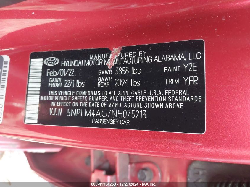 2022 Hyundai Elantra Sel VIN: 5NPLM4AG7NH075213 Lot: 41154250