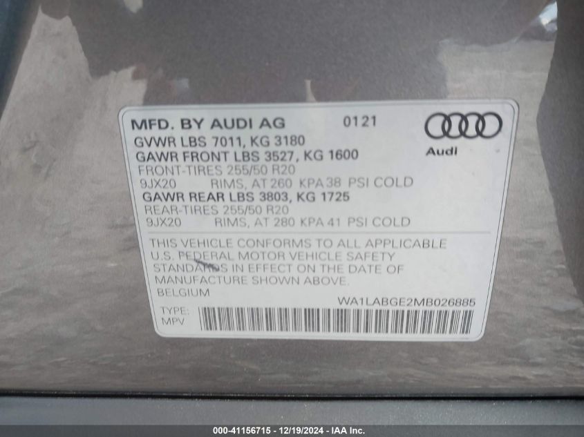 2021 Audi E-Tron Premium Plus Quattro VIN: WA1LABGE2MB026885 Lot: 41156715