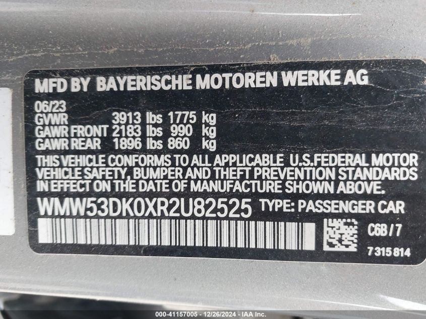 2024 Mini Hardtop Cooper S VIN: WMW53DK0XR2U82525 Lot: 41157005