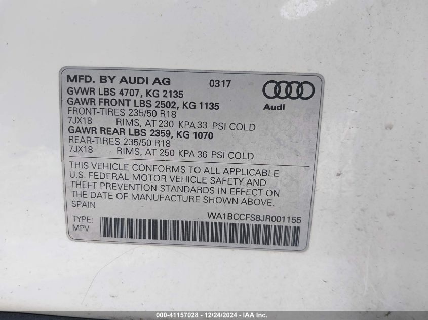 2018 Audi Q3 2.0T Premium/2.0T Sport Premium VIN: WA1BCCFS8JR001155 Lot: 41157028