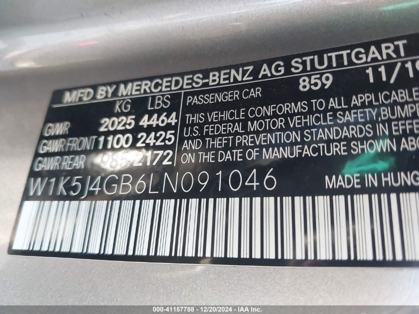 2020 Mercedes-Benz Cla 250 VIN: W1K5J4GB6LN091046 Lot: 41157788