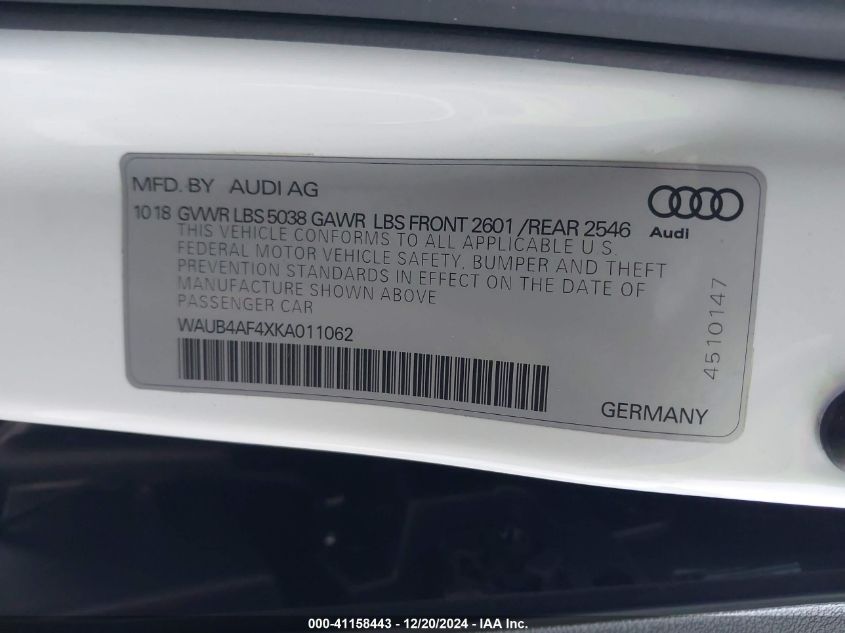 2019 Audi S4 3.0T Premium VIN: WAUB4AF4XKA011062 Lot: 41158443