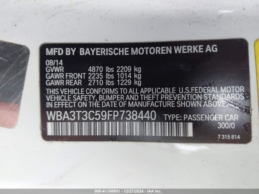 2015 BMW 435I VIN: WBA3T3C59FP738440 Lot: 41158801