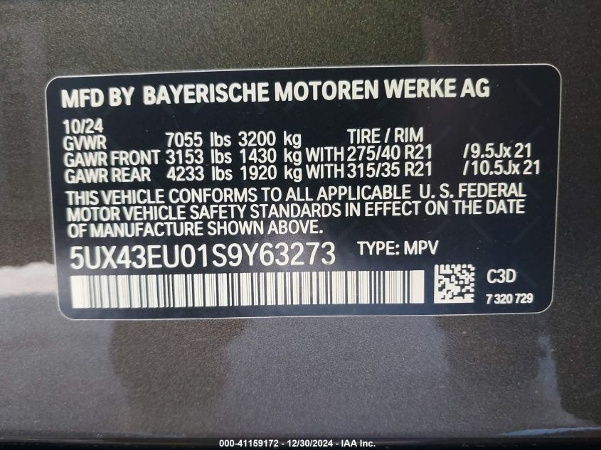 2025 BMW X5 Phev xDrive50E VIN: 5UX43EU01S9Y63273 Lot: 41159172