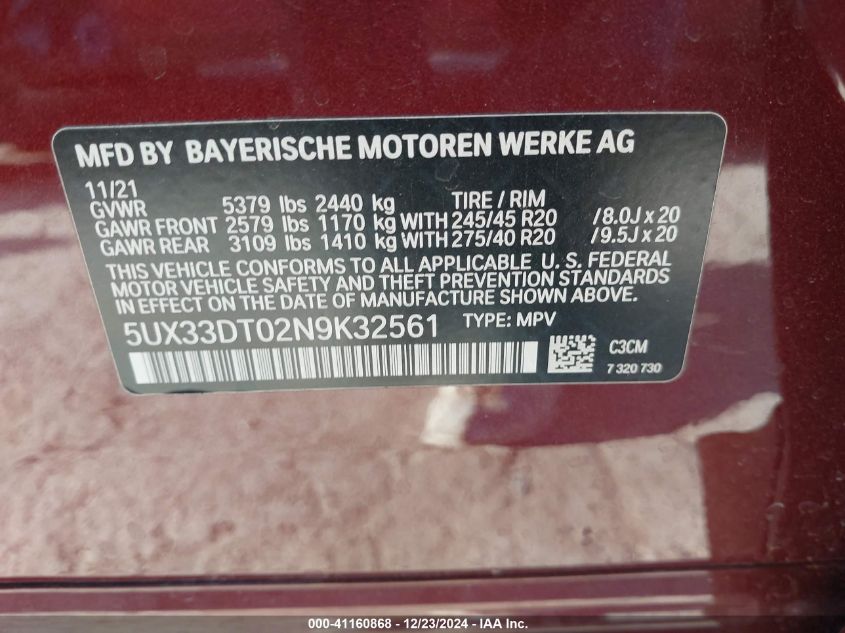 2022 BMW X4 xDrive30I VIN: 5UX33DT02N9K32561 Lot: 41160868