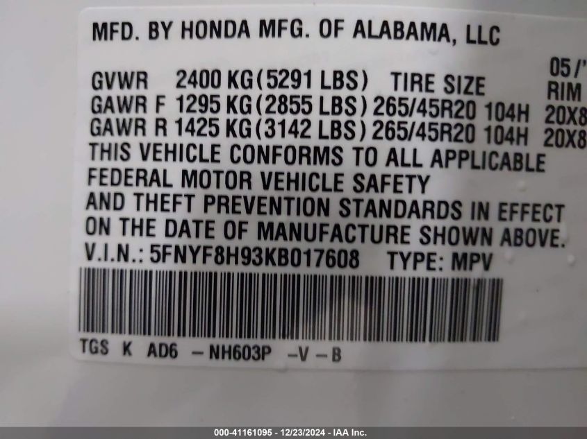 2019 Honda Passport Touring VIN: 5FNYF8H93KB017608 Lot: 41161095