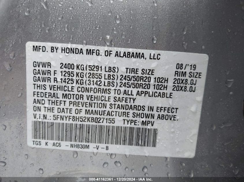 2019 Honda Passport Ex-L VIN: 5FNYF8H52KB027155 Lot: 41162361