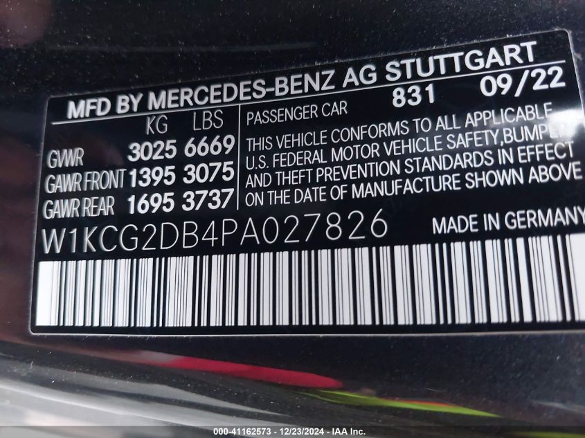 2023 Mercedes-Benz Eqs 450+ VIN: W1KCG2DB4PA027826 Lot: 41162573