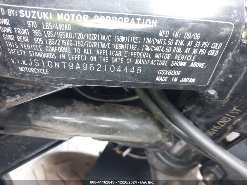 2006 Suzuki Gsx-R750 K6 VIN: JS1GR7KA062104448 Lot: 41162649