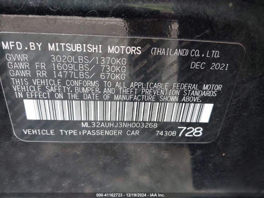 2022 Mitsubishi Mirage Es/Le VIN: ML32AUHJ3NH003268 Lot: 41162723