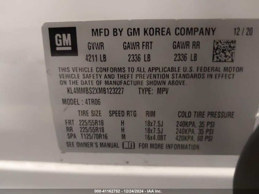 2021 Buick Encore Gx Fwd Preferred VIN: KL4MMBS2XMB123227 Lot: 41162752