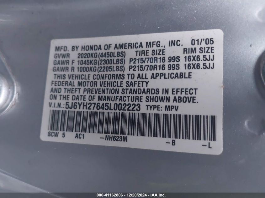 2005 Honda Element Ex VIN: 5J6YH27645L002223 Lot: 41162806